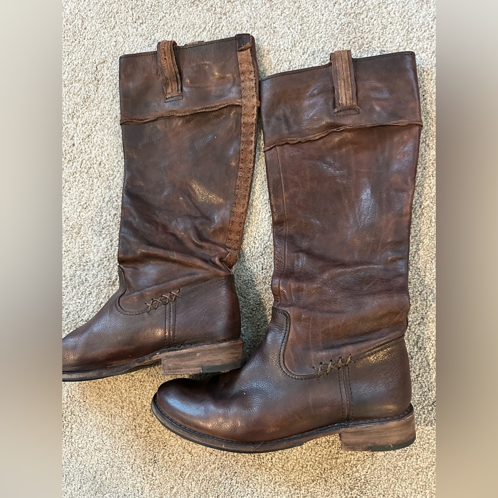 Frye Melissa Brown Tall Riding Boot Full Grain Leather Rugged Detail Size 8.5 B - Picture 2 of 7